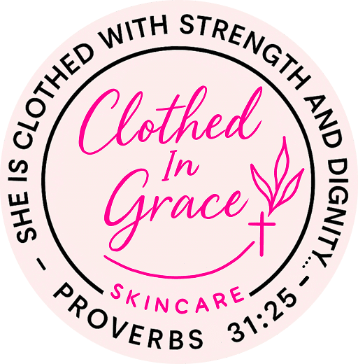 Clothed in Grace Skincare logo with Proverbs text.